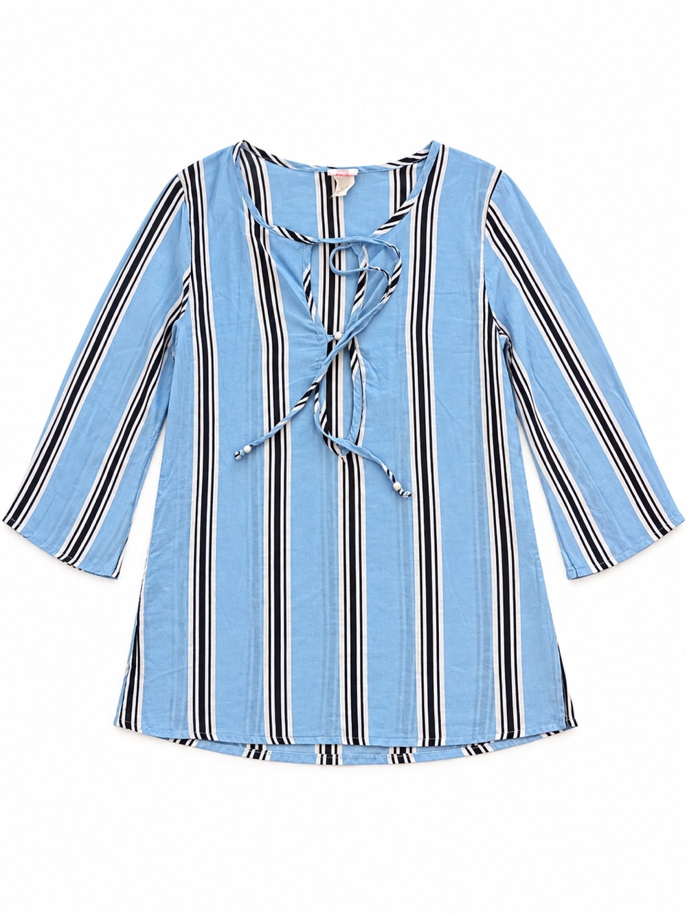 DMBM COTTURA BOHO STRIPED TUNIC TOP WOMENS SMALL BLUE BLACK LACE UP BELL SLEEVE